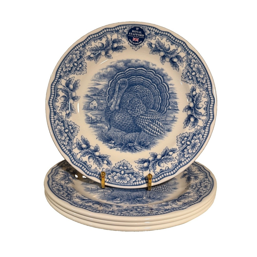 Set of 4 Royal Stafford Blue Turkey 10 1/2" Woodland Dinner Plates
